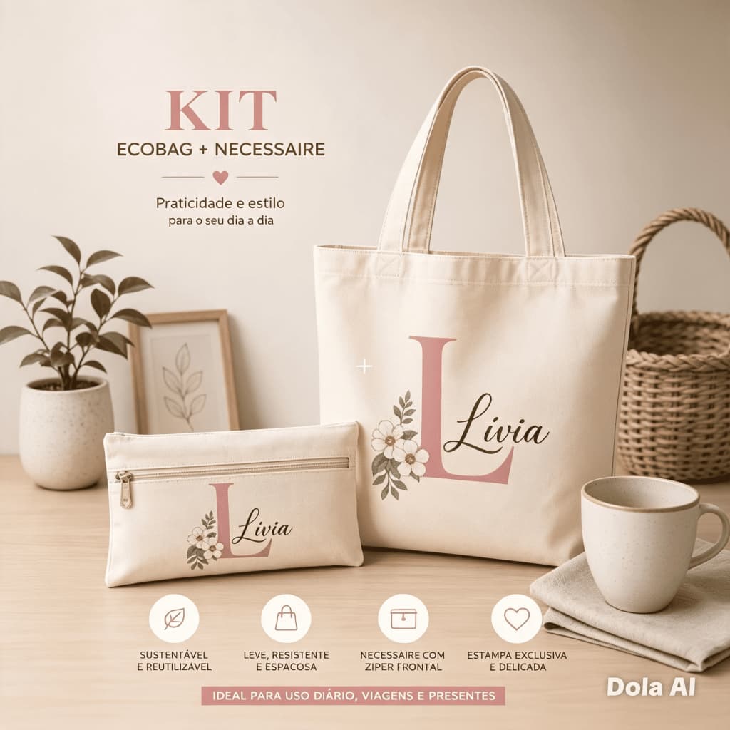 Kit Ecobag e  Necessaire Personalizadas com Nome e Inicial Presente Exclusivo Criativo