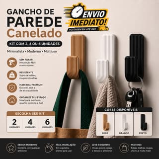 Kit Gancho de Parede Adesivo Canelado Sem Furar Cabideiro Porta Toalha Bolsa Casaco Roupa Organizador Minimalista Slim