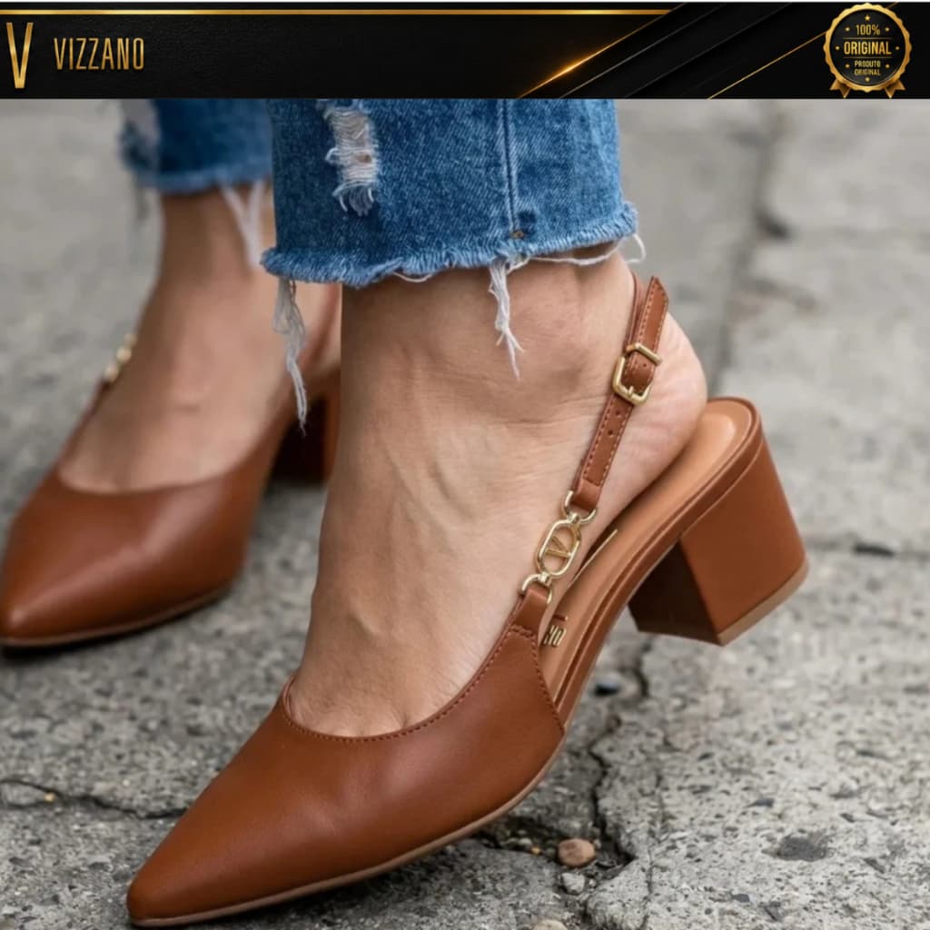 Scarpin Vizzano Feminino Slingback Salto Bloco Baixo Confortável Casual Bico Fino Elegante 1220385 Original