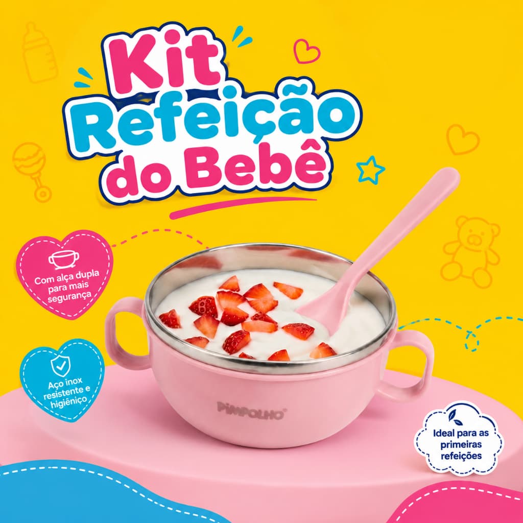 Kit Refeição Tigela Com Colher E Tampa Em Inox 300ml Pimpolho Rosa ou Azul