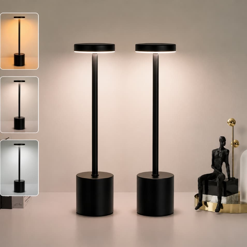 Kit 2 Luminárias Mesa Abajur Touch Led Dimerizável Luz Decoração Sem Fio 3000k Recarregável Preto