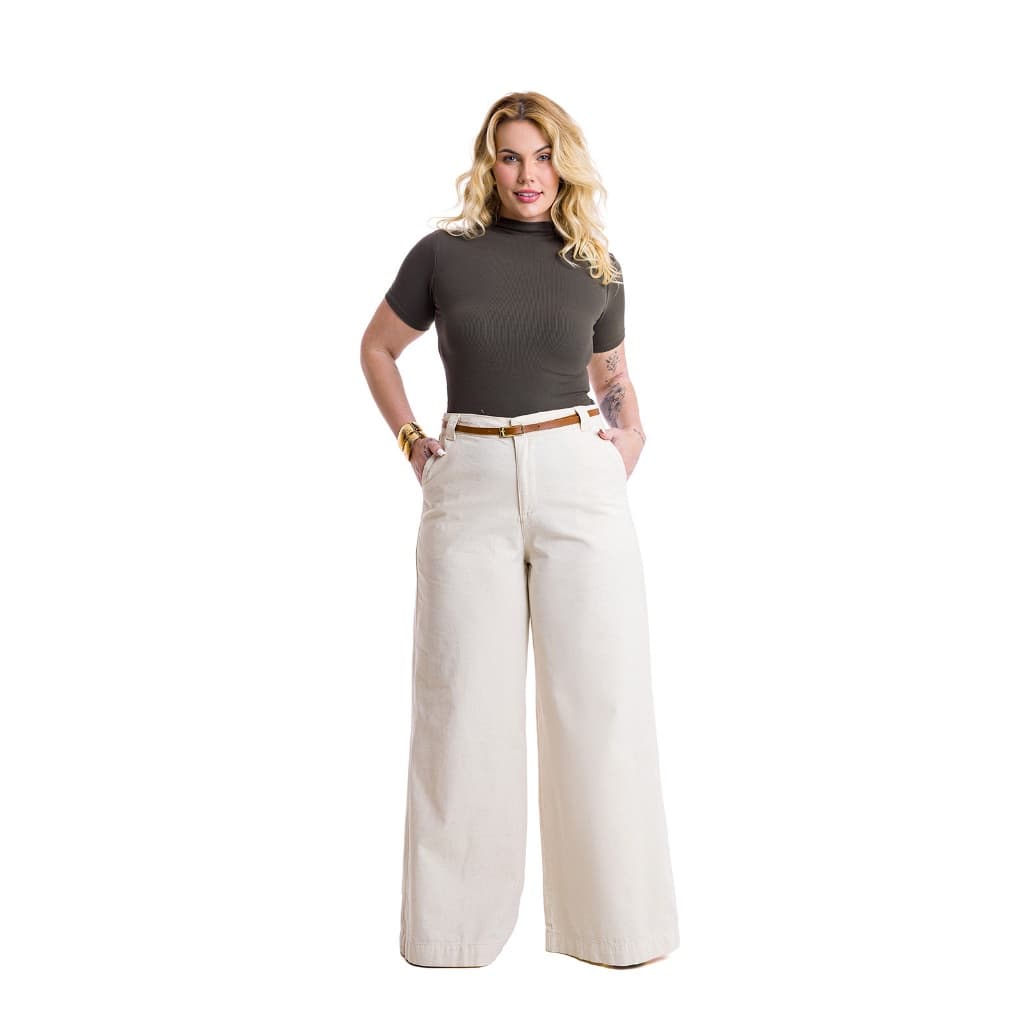 Calça Feminina Super Pantalona De Linho Moda Plus Size com Cinto Social Alfaiataria
