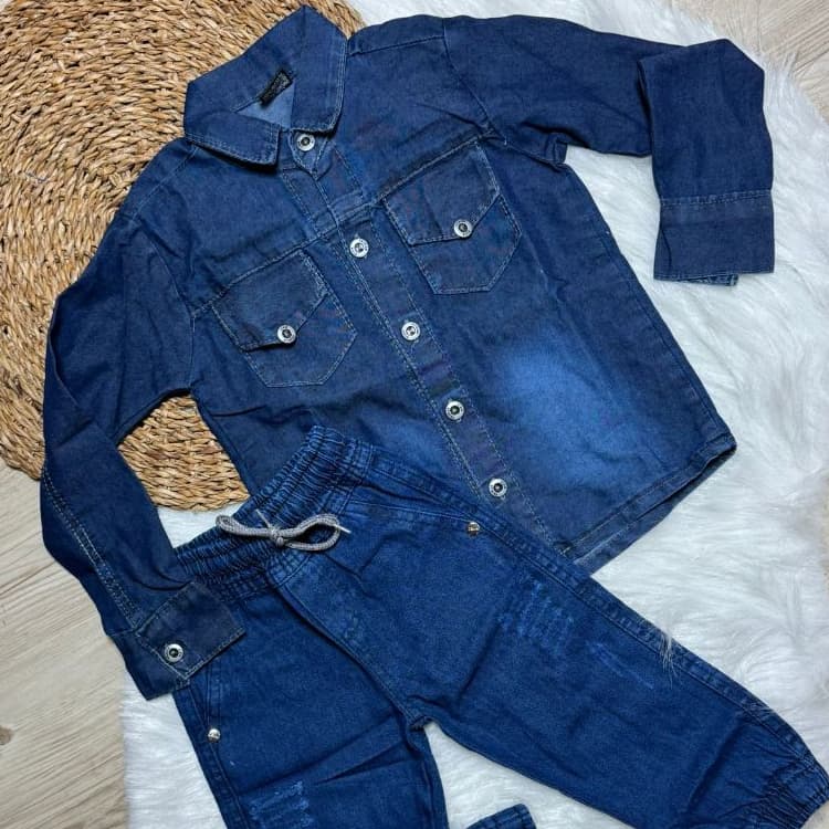 Conjunto Jeans Molinho Meninos Manga Longa e Jogger 01 a 03 anos