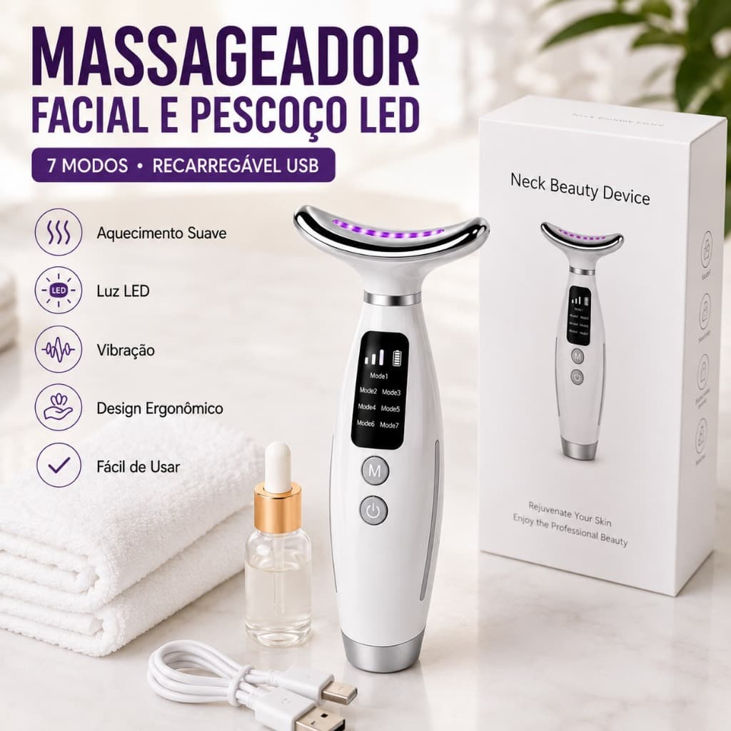 Massageador Facial e Pescoço LED 7 Modos Recarregável USB Aquecimento Vibração Ergonômico