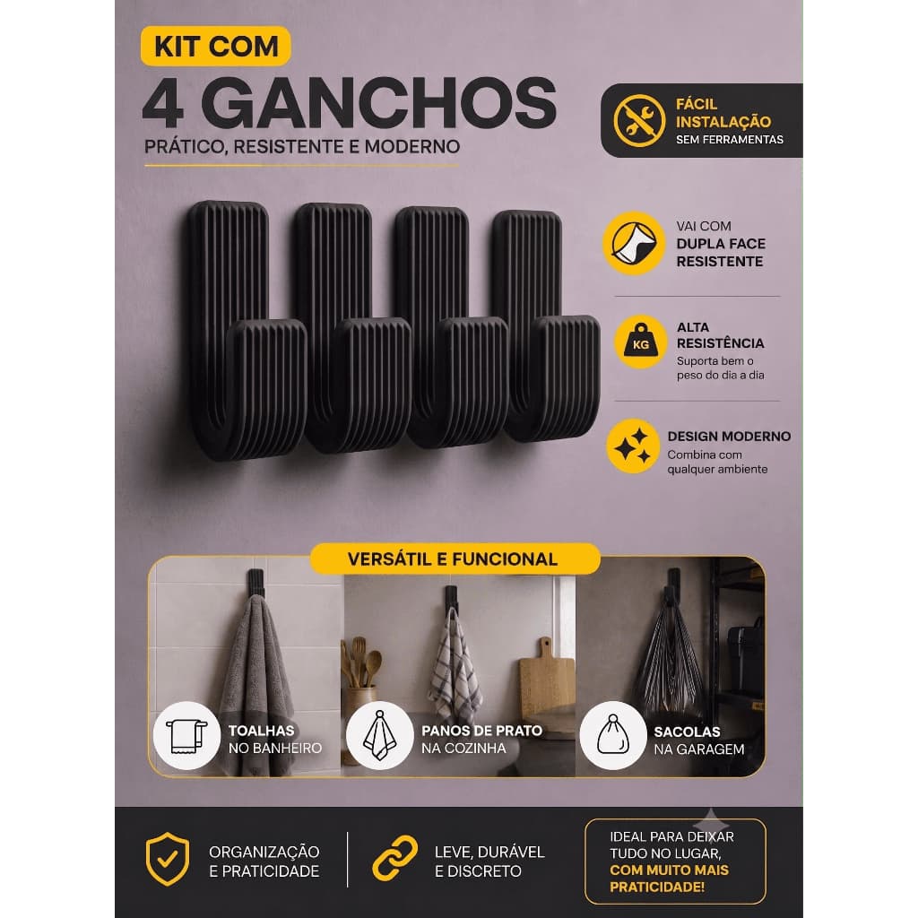 Kit 4 Ganchos Multiuso de Parede Adesivo Dupla Face Sem Furos Organizador Casa Cozinha Banheiro