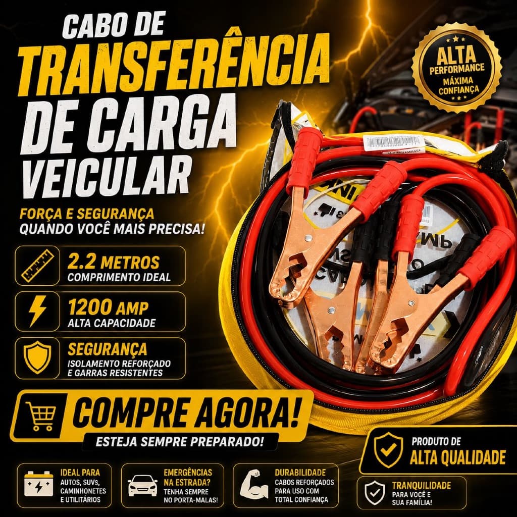 Cabo Transferência de Carga 1200AMP 2,2 Metros Reforçado para Partida Veicular