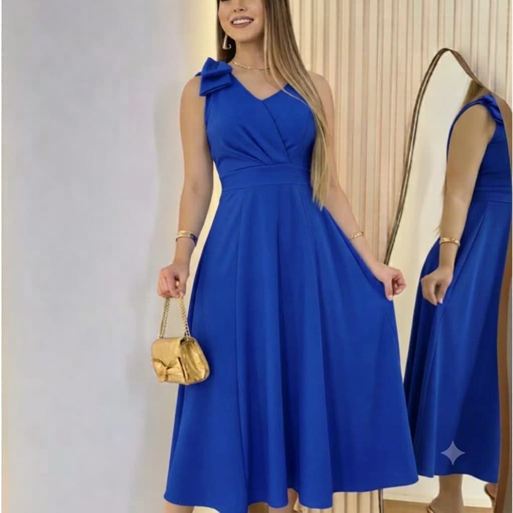 Vestido midi femenino elegante con laço no ombro   saia rodada  con  forro  tendencia   e lindo