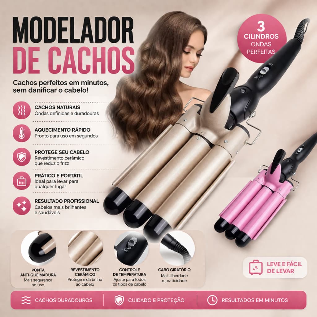 Modelador de onda triplo 22mm revestimento cerâmico, chapinha formadora para todos os tamanhos de cabelo