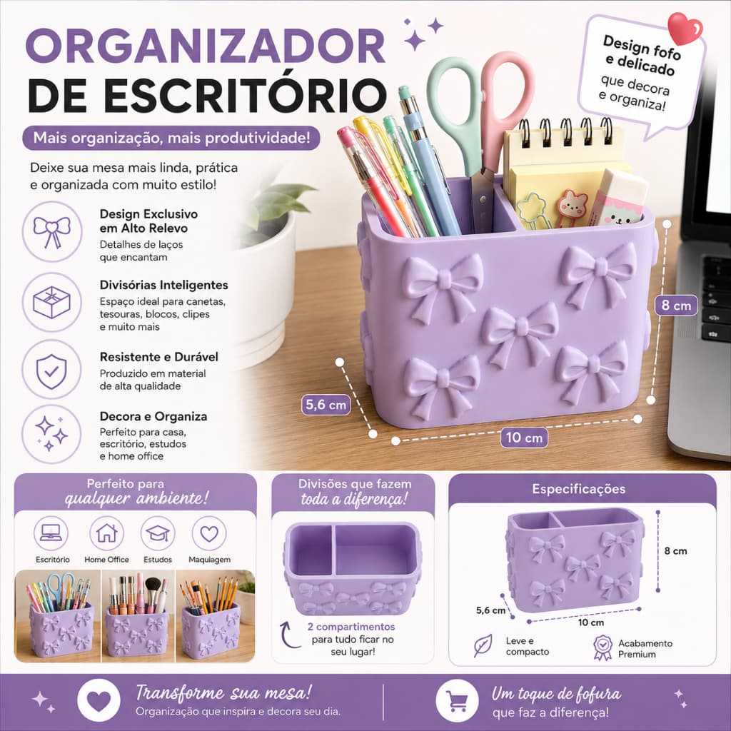 Organizador de Mesa Decorativo com Laços | Porta Canetas e Acessórios para Escritório, Home Office e Estudos