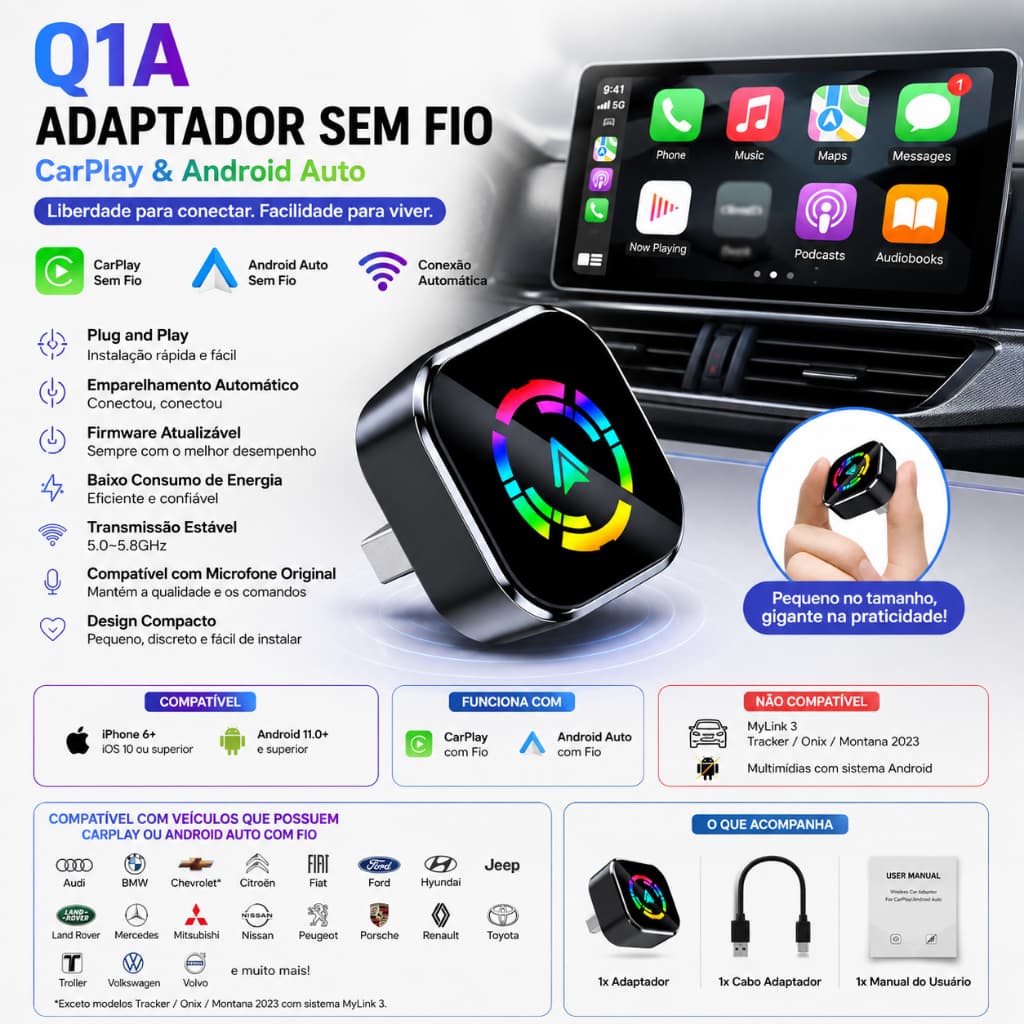 Adaptador CarPlay e Android Auto Wireless 2 em 1 Sem Fio Plug & Play Conexão Automática 5GHz Estável