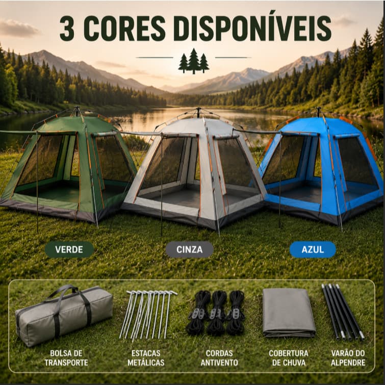Barraca Camping Automática 4 Pessoas 240x240x155cm Oxford 210D Impermeável 3000mm Mosquiteiro B3