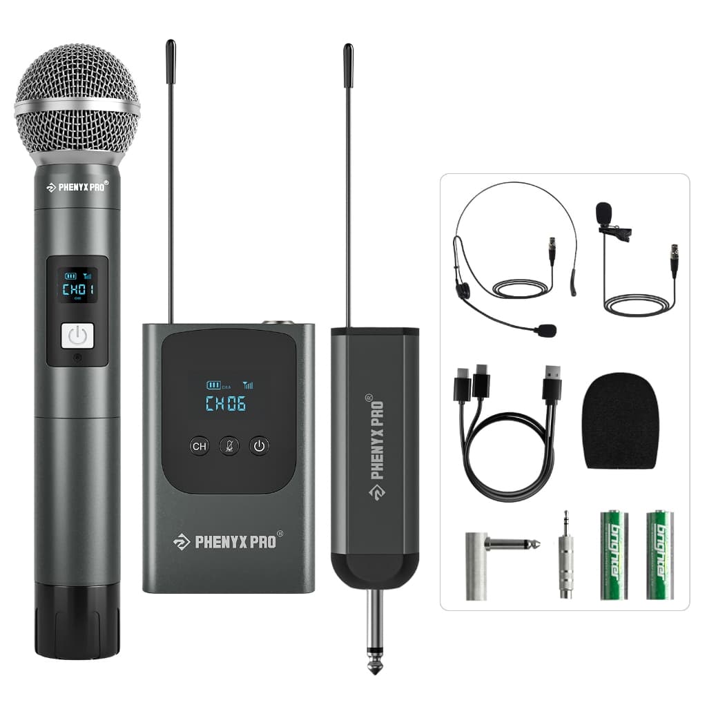 Sistema de microfone digital duplo sem fio Phenyx Pro PDP-2-1H1B com 2 canais uhf mão/corpo