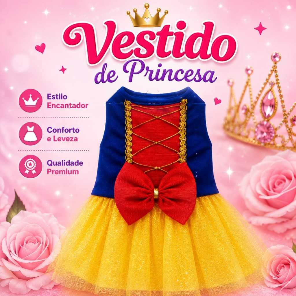 Vestido Pet Princesa  Roupa para cachorro Fêmea Com Tule Luxo Branca de Neve Vestido Bela Adormecida