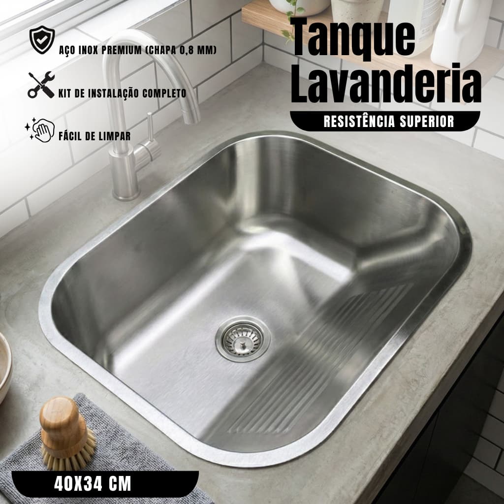 Tanque Lavanderia Inox 40x34 Cuba Área De Serviço Gourmet Completo Com Sifão Válvula
