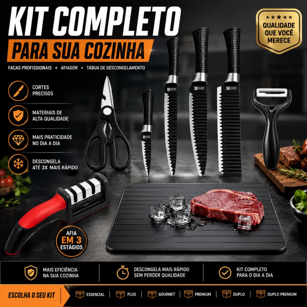 Kit Facas Chef Profissional Aço Inox com Afiador 3 Estágios e Tábua de Descongelamento Rápido