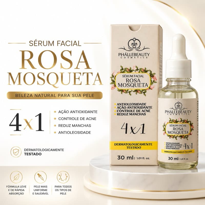 Serum Facial 4 em 1 Rosa Mosqueta 30ml PhalleBeauty Clareia Manchas Estrias Cicatrizes Antiidade Facial