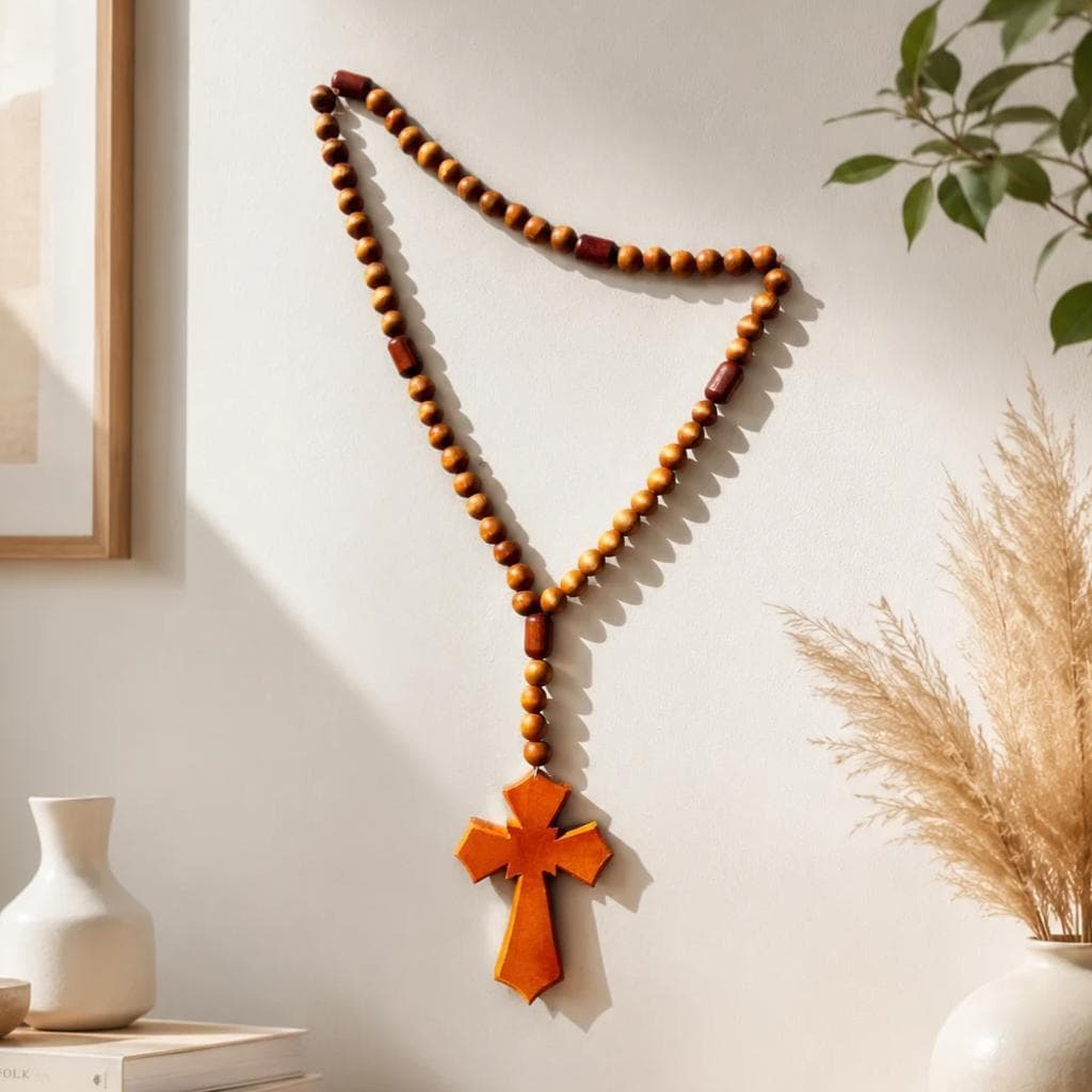 Colar Mesa Parede Enfeite Decorativo Madeira Terço Cruz Para Adorno De Sala - Boho Chic