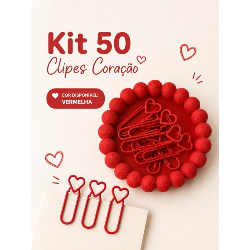 Kit 50 Clipes Coração Vermelho para Papel Planner Caderno Agenda