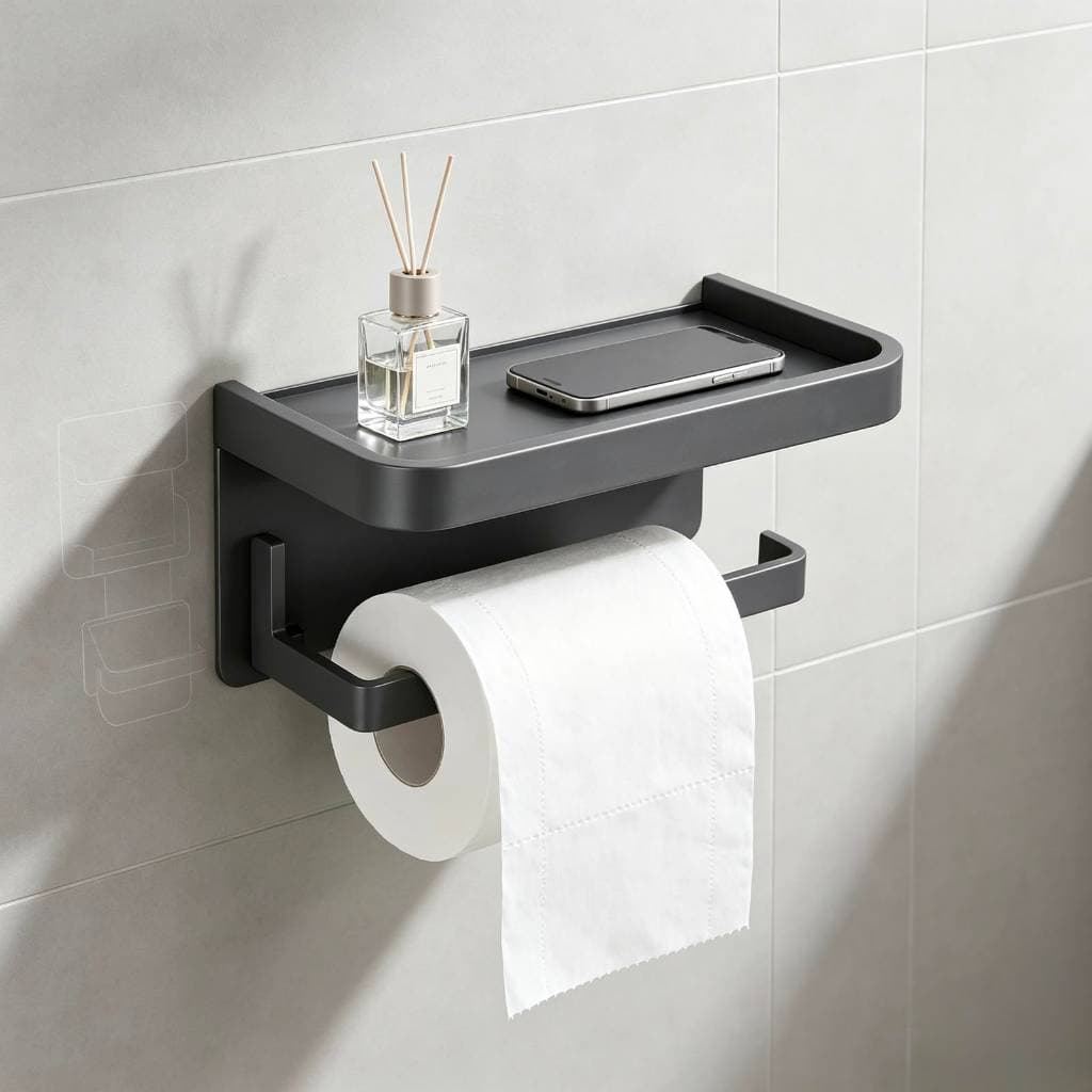 Suporte Papel Higiênico com Prateleira 18cm Alumínio Cinza Fosco Cola ou Parafuso