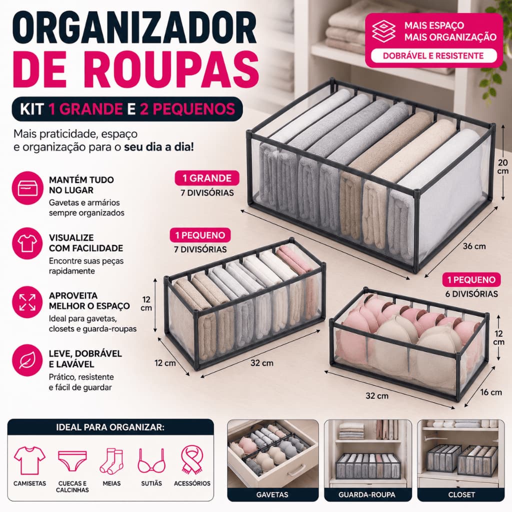 KIT Organizador de Roupas Colmeia Dobrável para Gaveta Guarda-Roupa Organizador de Camisetas Cuecas Sutiãs Meias