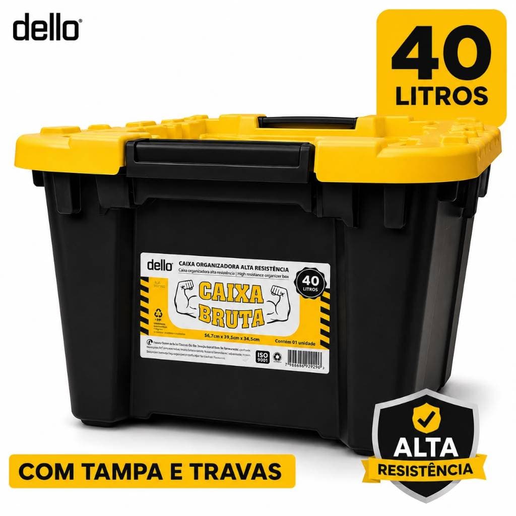 Caixa Organizadora 40L com Tampa e Travas Plástico Resistente Dello Caixa Bruta Preta Alta Resistência