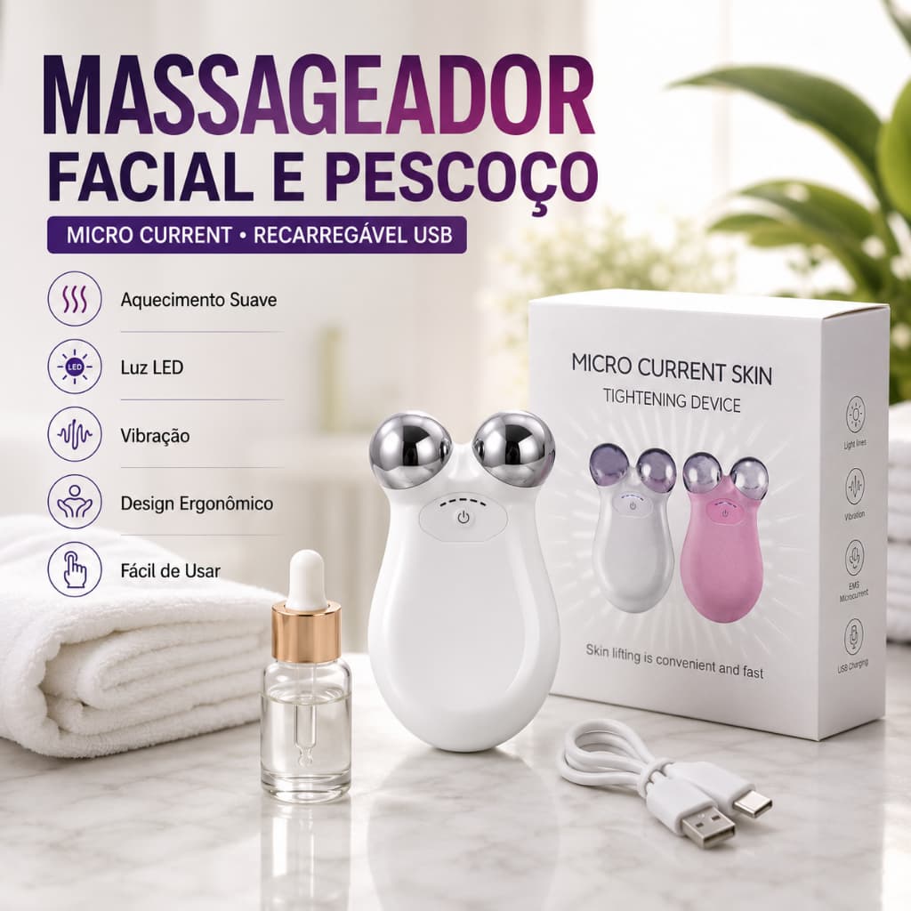 Massageador Facial Micro Current Recarregável USB Pescoço Face LED Vibração Aquecimento Premium
