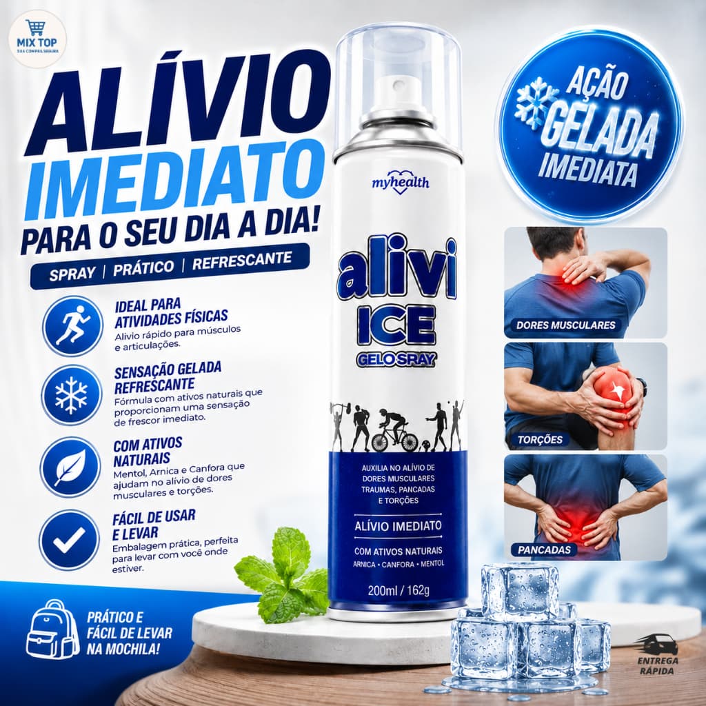 ALIVI ICE GELO SPRAY PARA DORES MUSCULARES TORÇÕES PANCADAS CONTUSÕES ALÍVIO IMEDIATO ARNICA MENTOL 280ML.