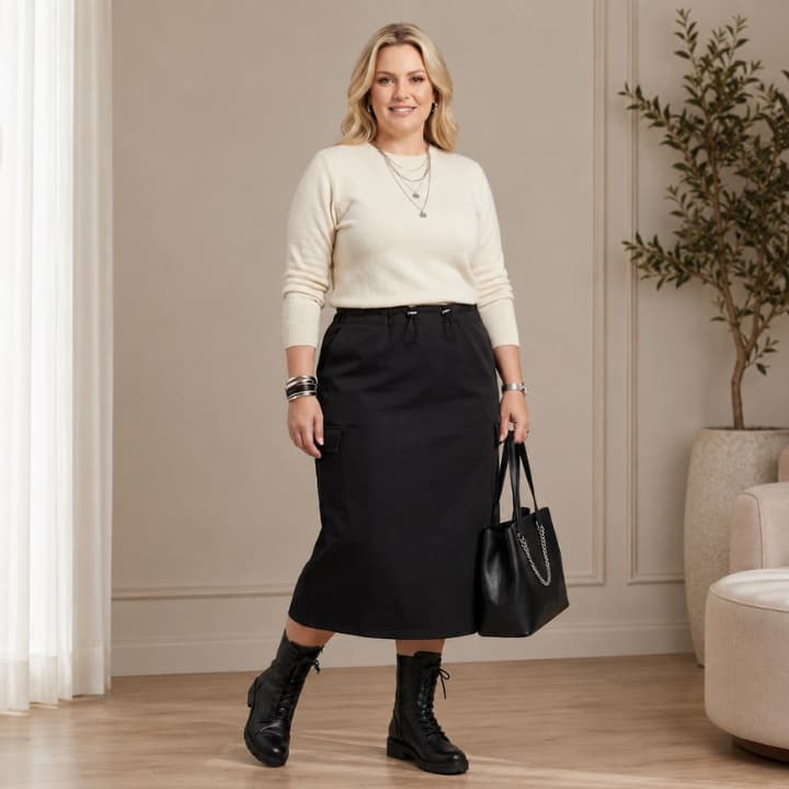 Saia Longa Cargo Plus Size Sarja com Bolsos Utilitários e Regulagem na Cintura