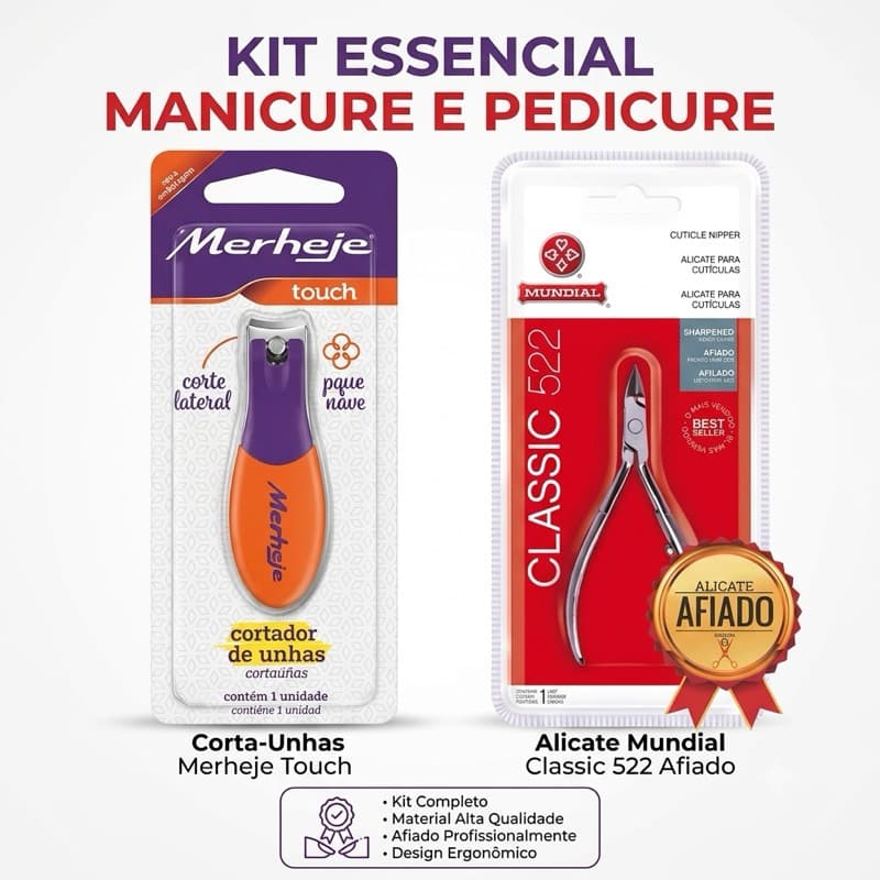 Kit Essencial Manicure e Pedicure: Alicate Mundial 522 Afiado + Cortador Merheje Touch