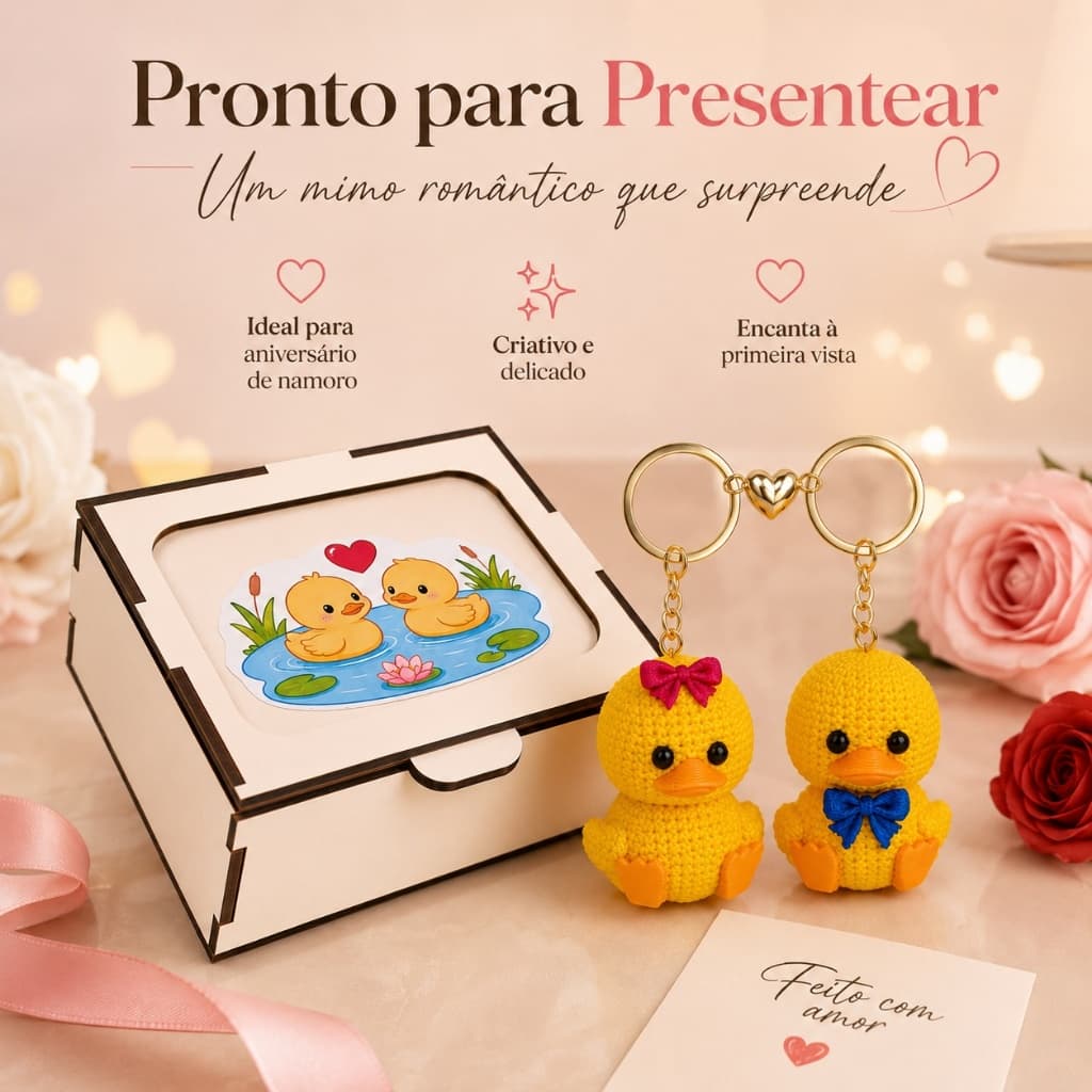 Kit Metadinha Casal com 2 Chaveiros de Patinho Coração Magnético Presente para Namorado Namorada