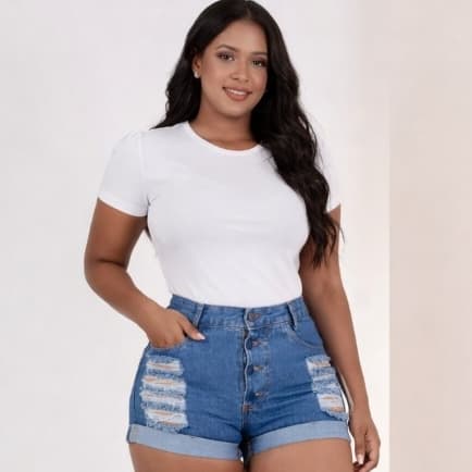 Short Feminino Jeans, Cintura Alta, Detonado, 100% Algodão, LOJA ROSE
