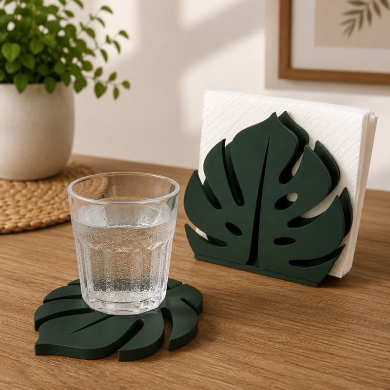 Kit Porta Copo Folha Costela de Adão + Porta Guardanapo Decorativo | Mesa Posta Moderna Cozinha Sala de Jantar