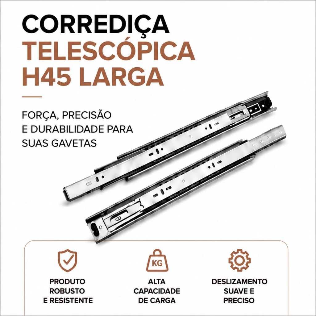 Kit 2 Corrediças Trilho Telescópica H45 Larga Aço 25cm a 50cm Gaveta Armário Móveis