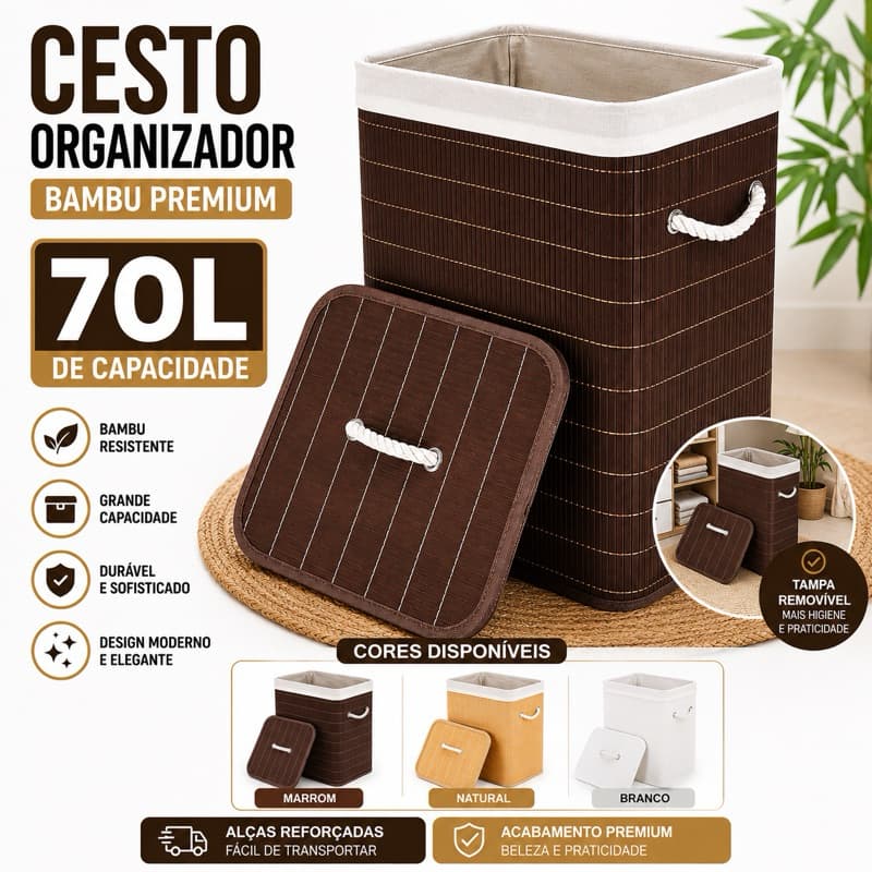CESTO TAMPA COM ALÇA BAMBU 50L ou 70L ORGANIZADOR DE ROUPAS Cores BRANCO, MARROM e BEGE PROMOÇÃO