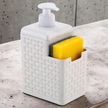 Dispenser de Detergente Rattan Branco com Porta Esponja e Bico Dosador Organizador de Pia