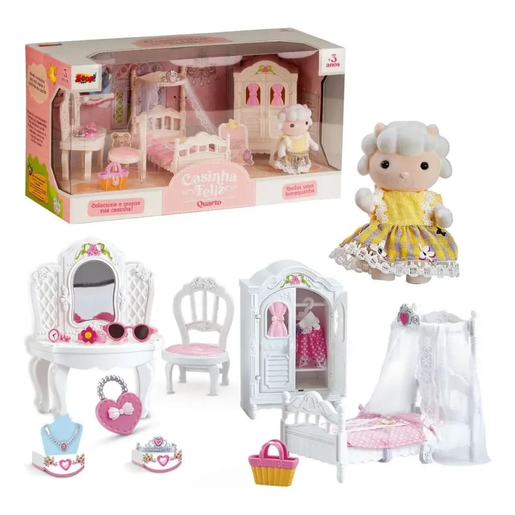 Quarto Coleção Casinha Feliz Ovelhinha com Móveis e Acessórios Cenário Completo Zoop Toys Infantil