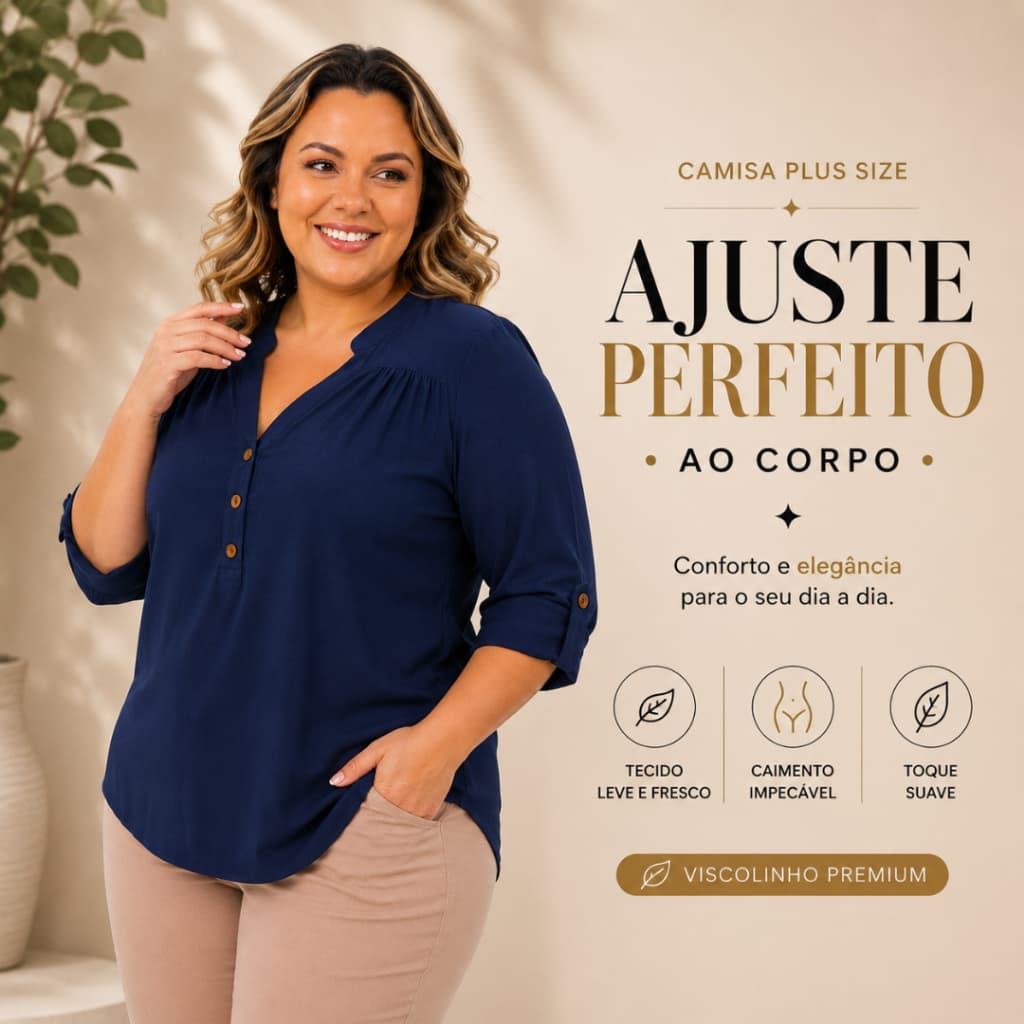 Camisa Feminina Plus Size Manga 3/4 Social com Peitilho