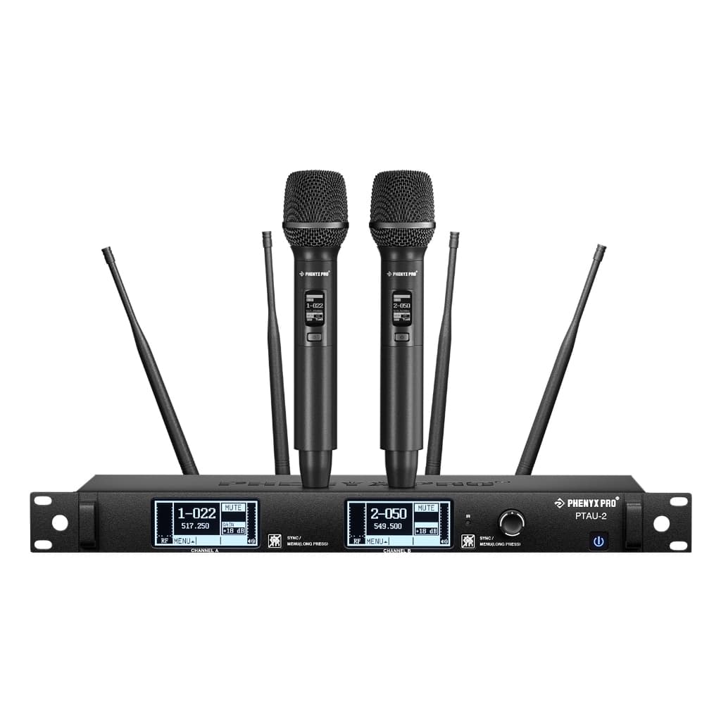 Sistema de microfone sem fio de 2 canais Phenyx Pro PTAU-2 True Diversity com varredura automática