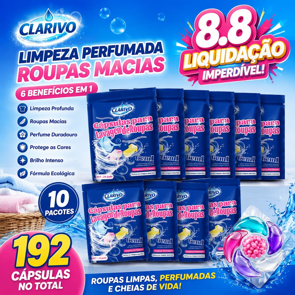 CLARIVO Detergente em Cápsulas 192 Unidades, Fórmula Vegetal Ecológica, Cuidado com Tecidos e Sem Resíduos