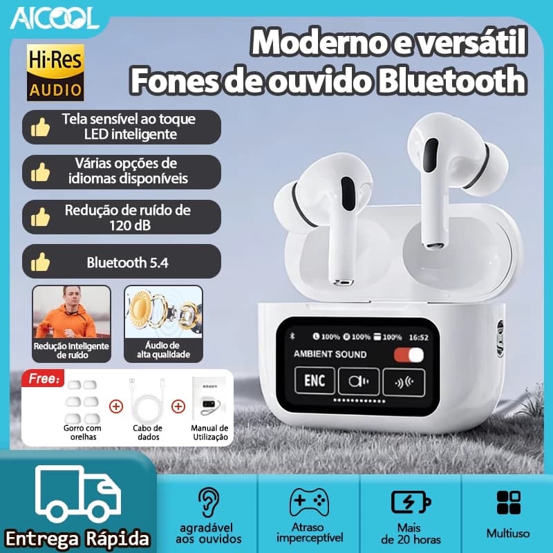 AICOOL Fones TWS Bluetooth 5.4 com Tradução IA, Tela Inteligente, Cancelamento Ativo de Ruído e Resistência à Água IPX5