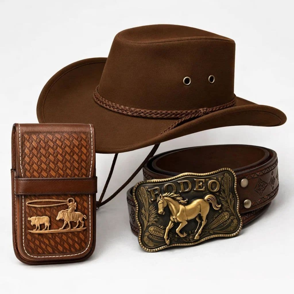 Kit Country Chapéu Cowboy + Cinto Western Ajustável Porta Celular Cawgril Vaquejada Sertanejo Rodeio