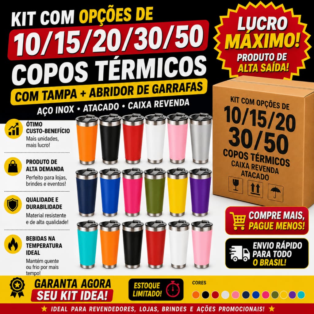 Kit 10/15/20/30/50 Copo Térmico com Tampa Abridor Garrafas Cerveja Aço Inox Atacado Caixa Revenda
