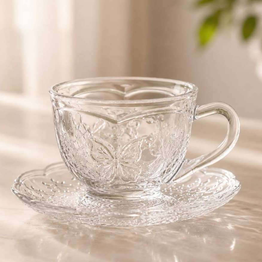 Jogo 6 Xícaras de Café com Pires 80ml Cristal Lyor New Butterfly