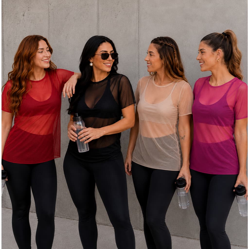 Kit 4 Blusa Feminina Transparente de Tule Manga Curta Camiseta Academia Treino