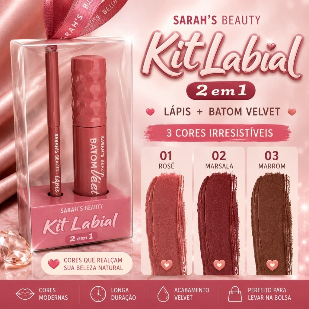 Kit Labial 2 em 1 Sarah's Beauty Batom Velvet + Lápis Retrátil 3 Cores Rosé Marsala Marrom Longa Duração