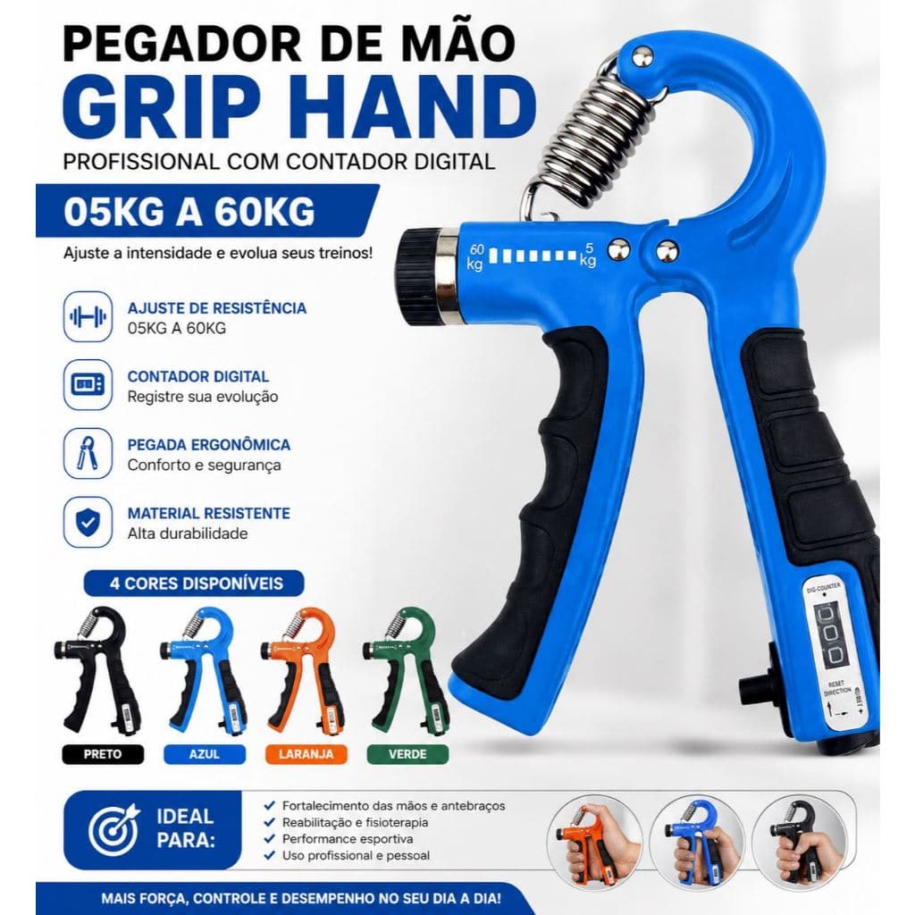 Pegador de Mão Hand Grip Ajustável 5kg a 60kg com Contador Digital Fortalecedor de Mãos Antebraço Musculação