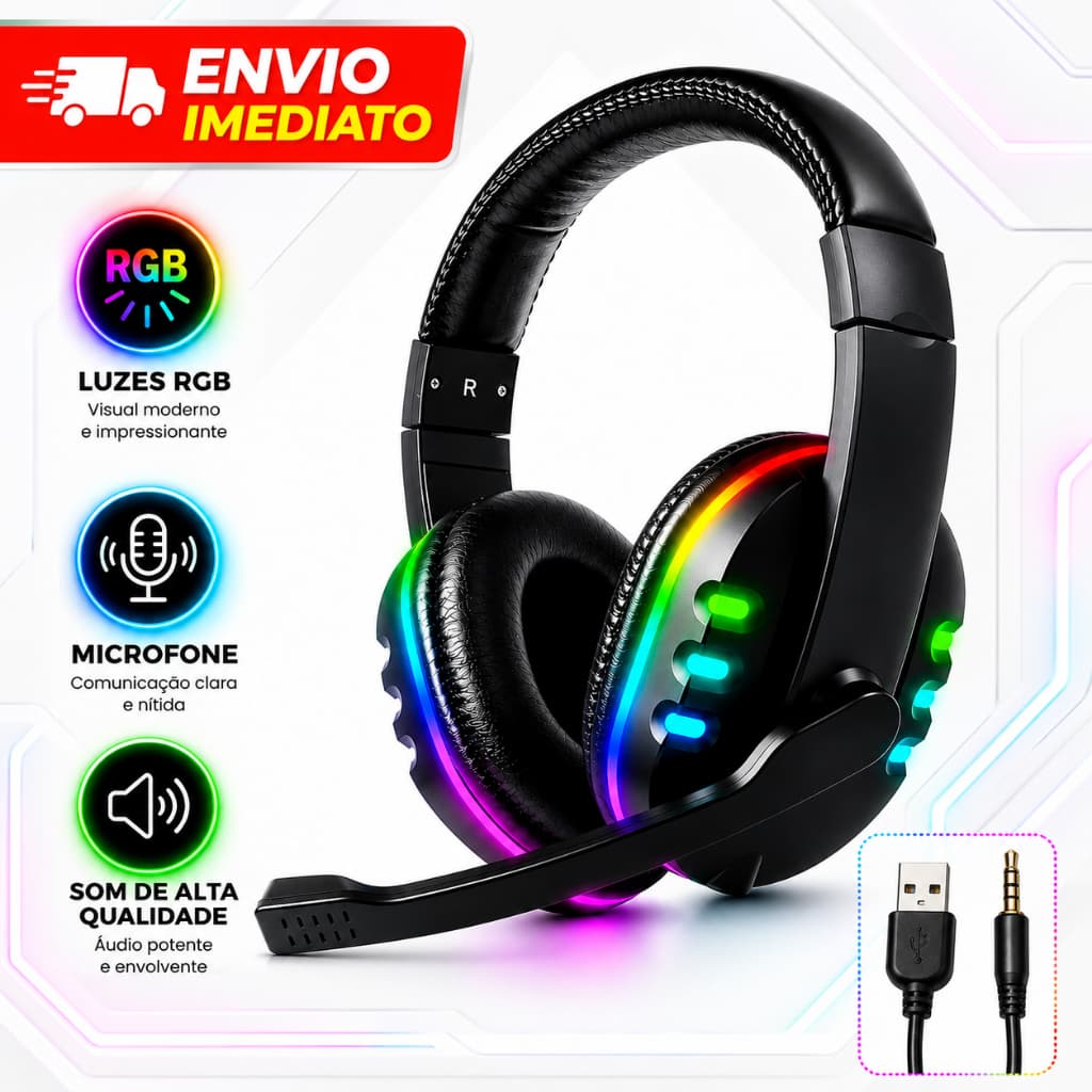 Fone Gamer Headset Led RGB Com Microfone Antiruido P2 P/ PC PS4 PS5 XBOX Celular Notebook Surround 5.1