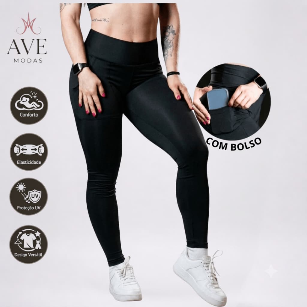 Legging Com Bolso Cintura Alta Suplex Modela Fitness Academia Moda Feminina