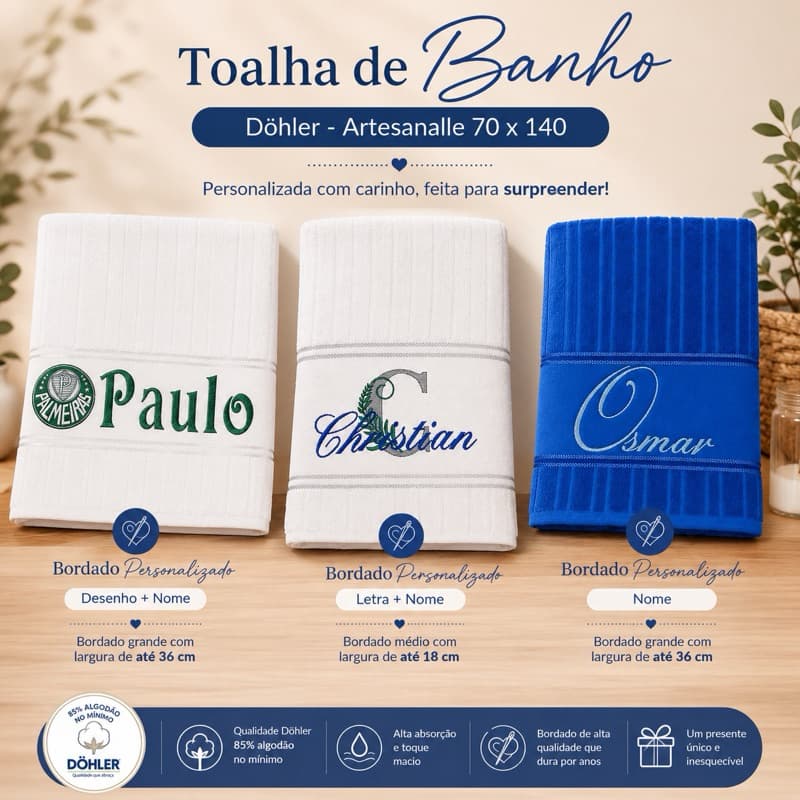 Toalha de Banho Döhler Personalizada com Bordado: Letra + Nome - Nome - Desenho + Nome