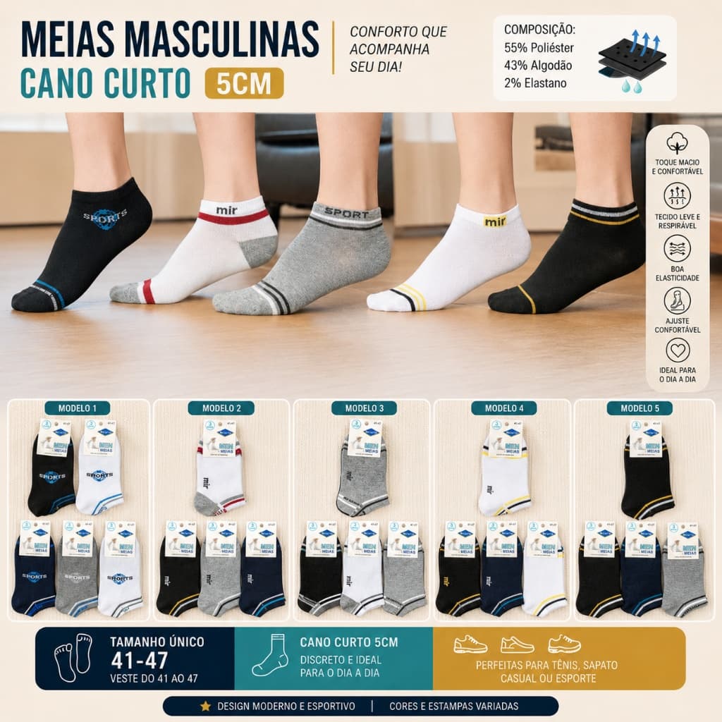 Kit 3 6 12 Pares Meias Masculinas Cano Curto Para Tênis Confortáveis 41 ao 47